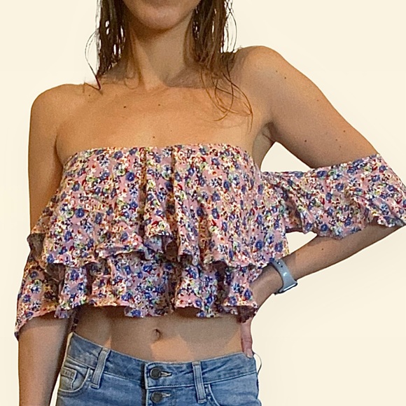 Signature8 Tops - Floral Layered Off Shoulder Cropped Top Calico Crop Flowy Blouse Sleeveless Boho